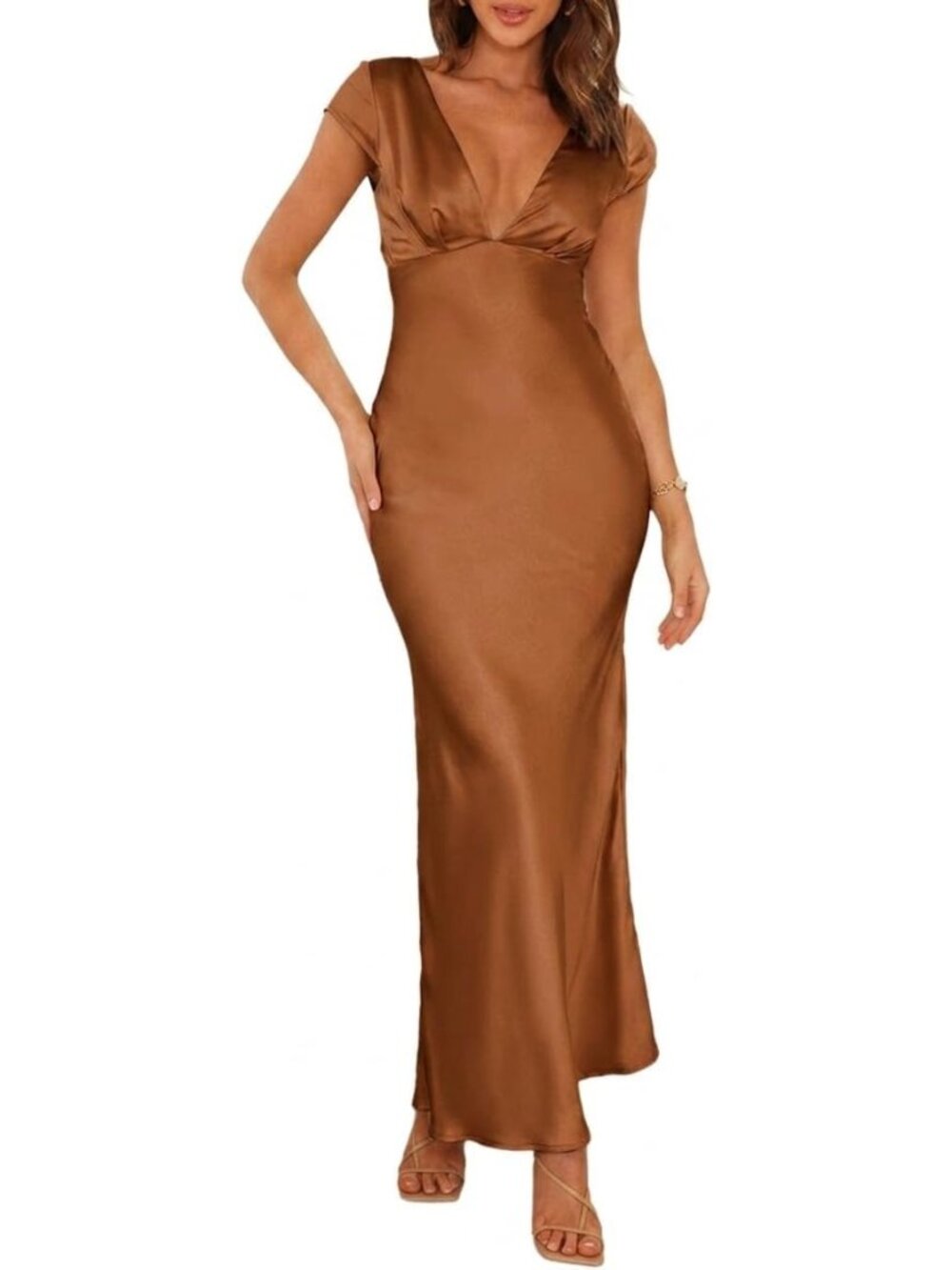 Women's Brown Summer Satin V Neck Cap Sleeve Backless Wedding Guest Midi Dresses